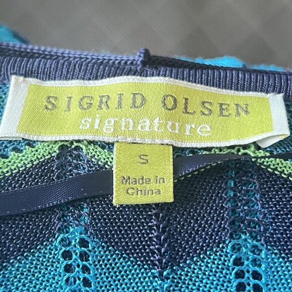 Sigrid Olsen Blue Multicolored Chevron Open Knit Top Sz S Scoop Neck w Accents - Picture 7 of 9